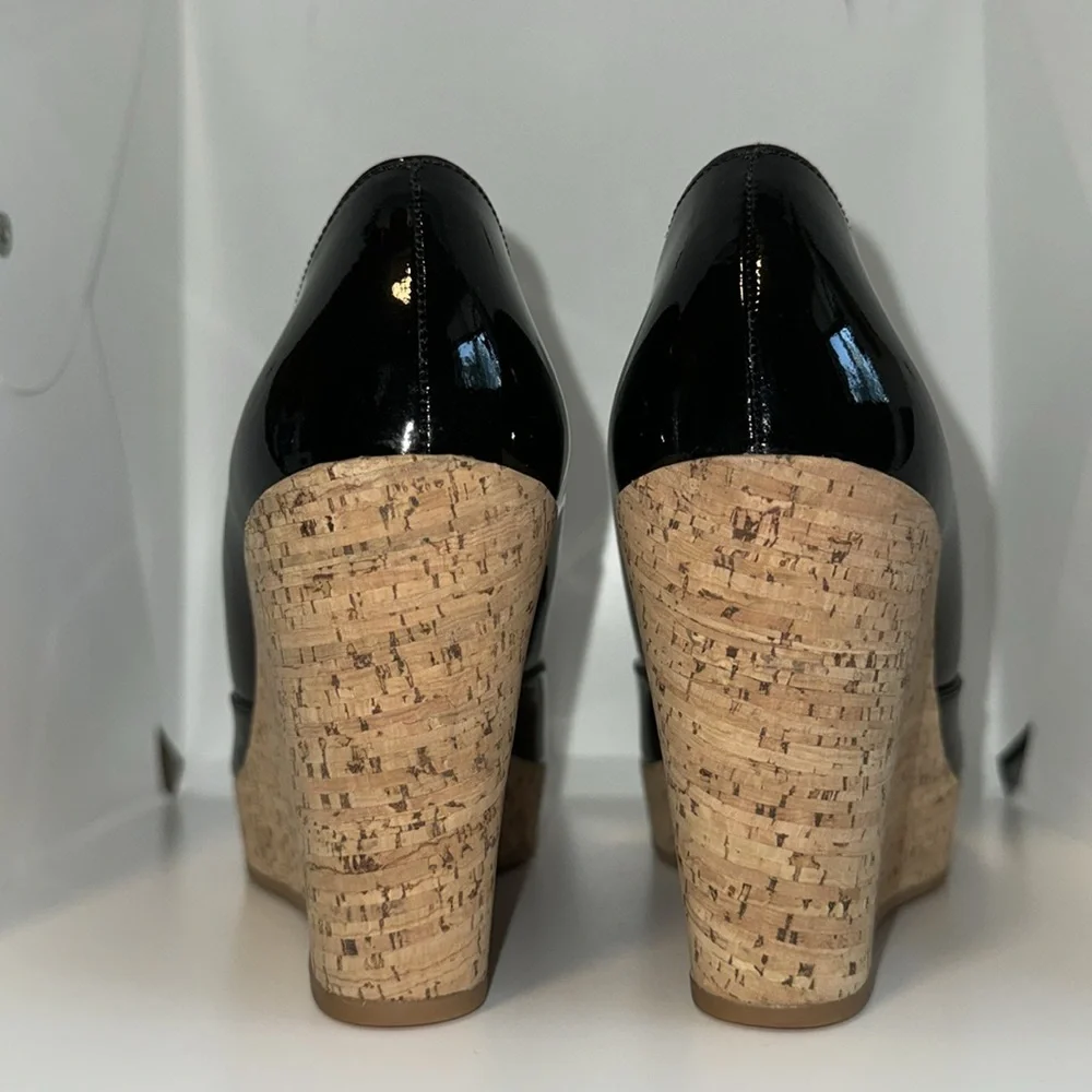 Via Spiga Black Patent Leather & Cork Platform Wedges Peep Toe Women’s 8